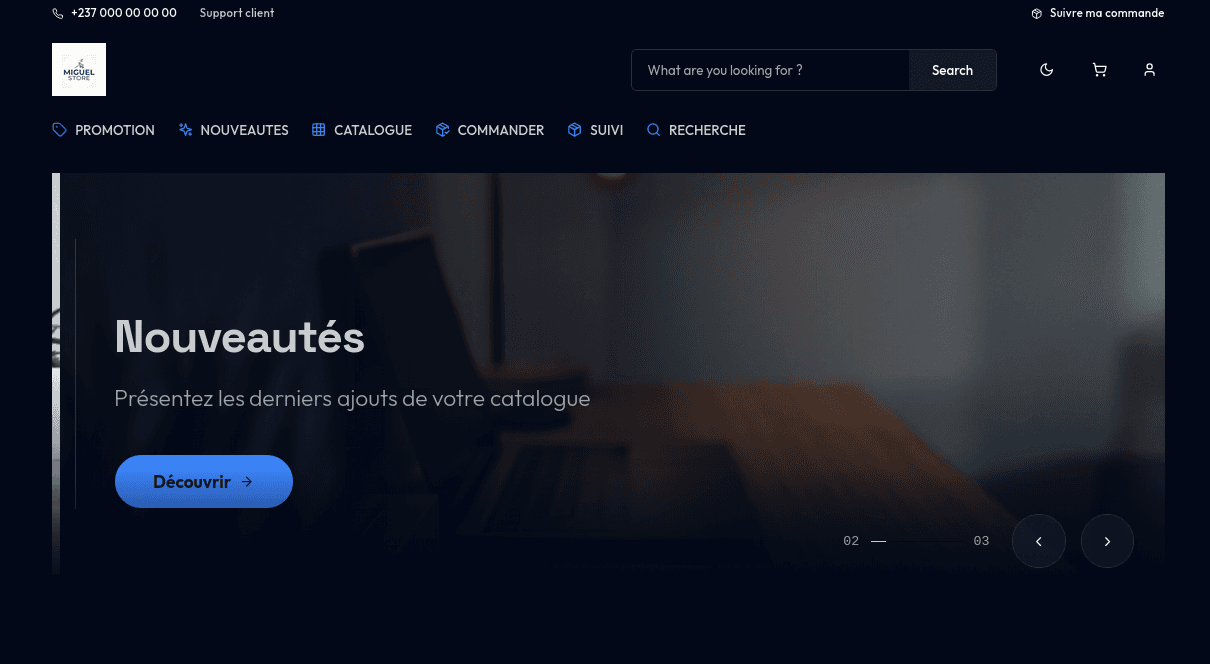Page d'accueil de la boutique en ligne Mig Store, réalisée par Jigamy